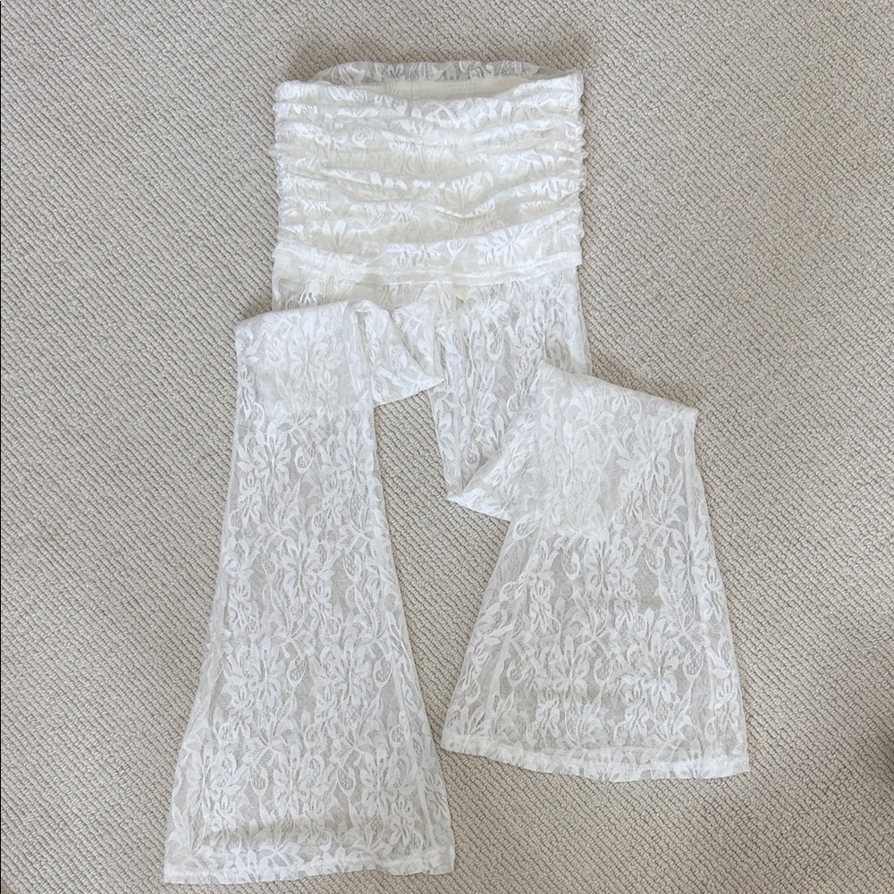 Fitted White Sheer Lace Fold Over Bellbottoms
